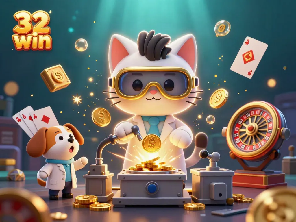 Engage in thrilling casino adventures with 32 win as the mad scientist cat creates gold-coin magic in a dynamic scene.