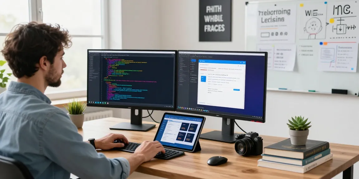Developer coding in a modern workspace, showcasing Telegram Web Version.