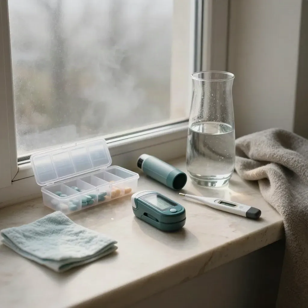 Winter flare-care home station by a fogged window with pill organizer, oximeter, thermometer, carafe, and throw.