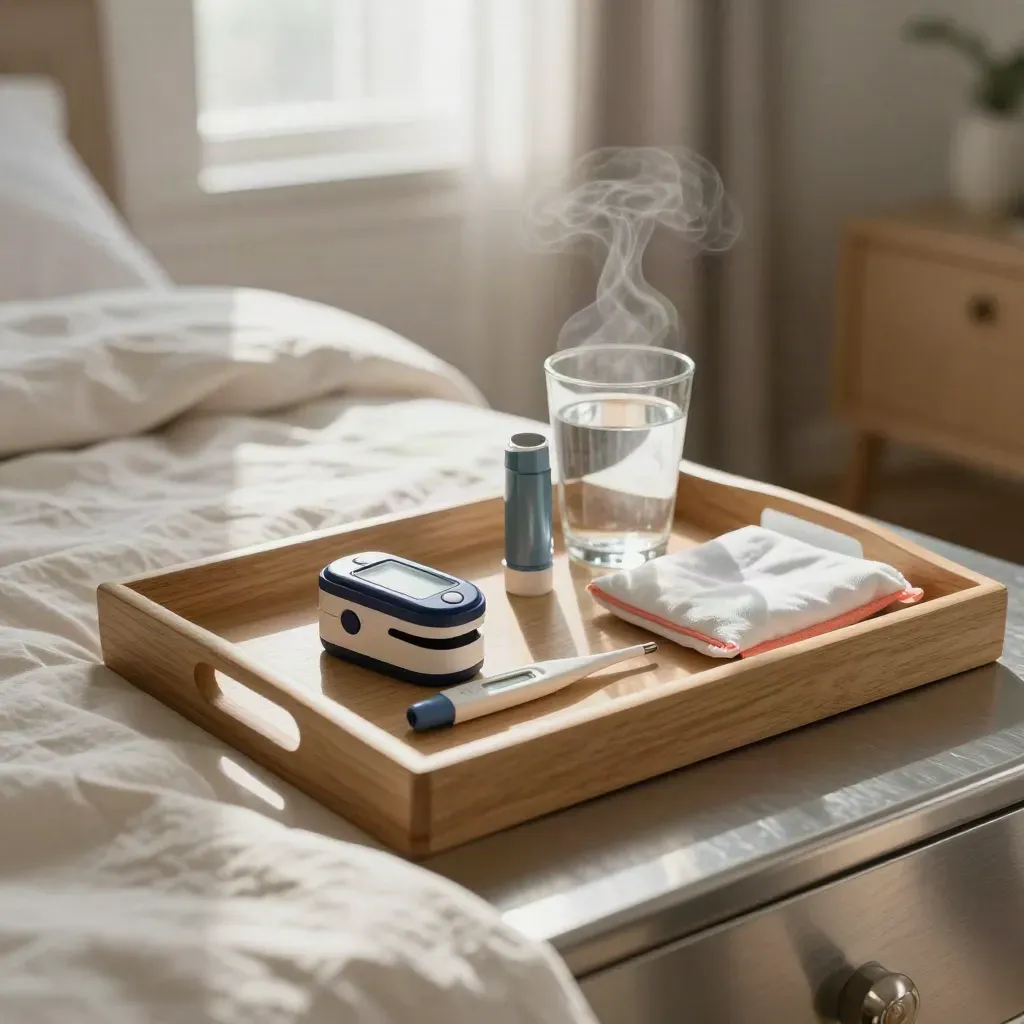 Bedside symptom-check tray with inhaler case, thermometer, oximeter and water glass in soft morning light.