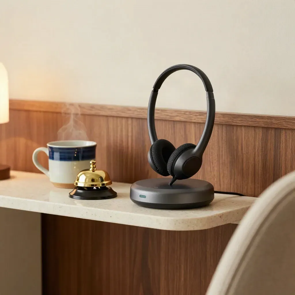 Headset in cradle beside mug and desk bell on a travertine shelf
