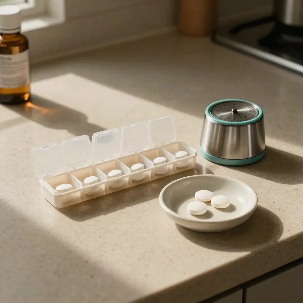 Pill sorter, kitchen timer, and ceramic dish on a matte counter in soft daylight.