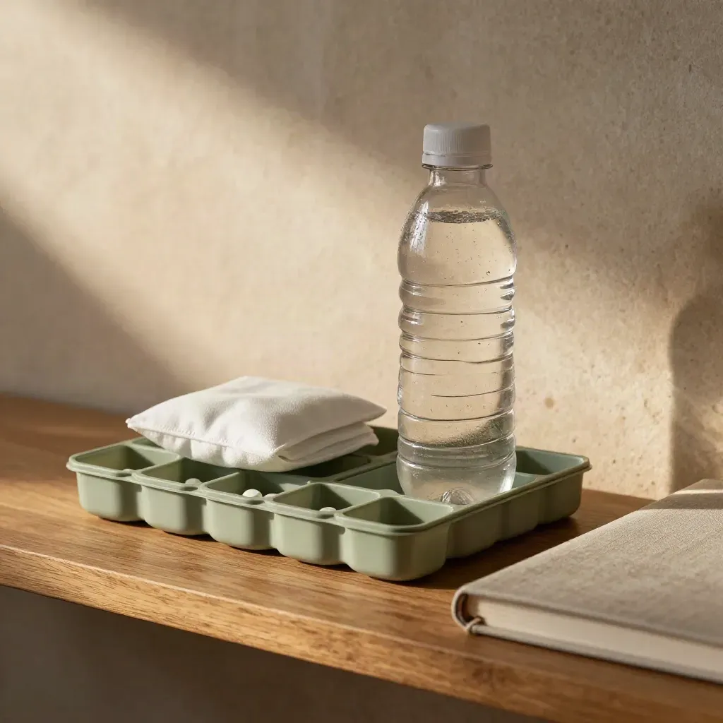 Macro of pill caddy, water bottle, cooling pack, and closed notebook on a warm oak shelf.