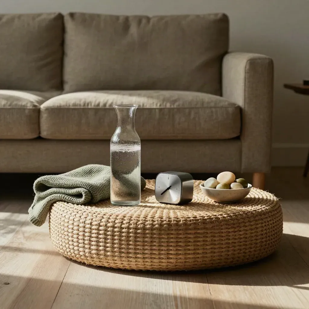 Living-room check-in station with carafe, folded blanket, timer and reminder stones in cinematic light.