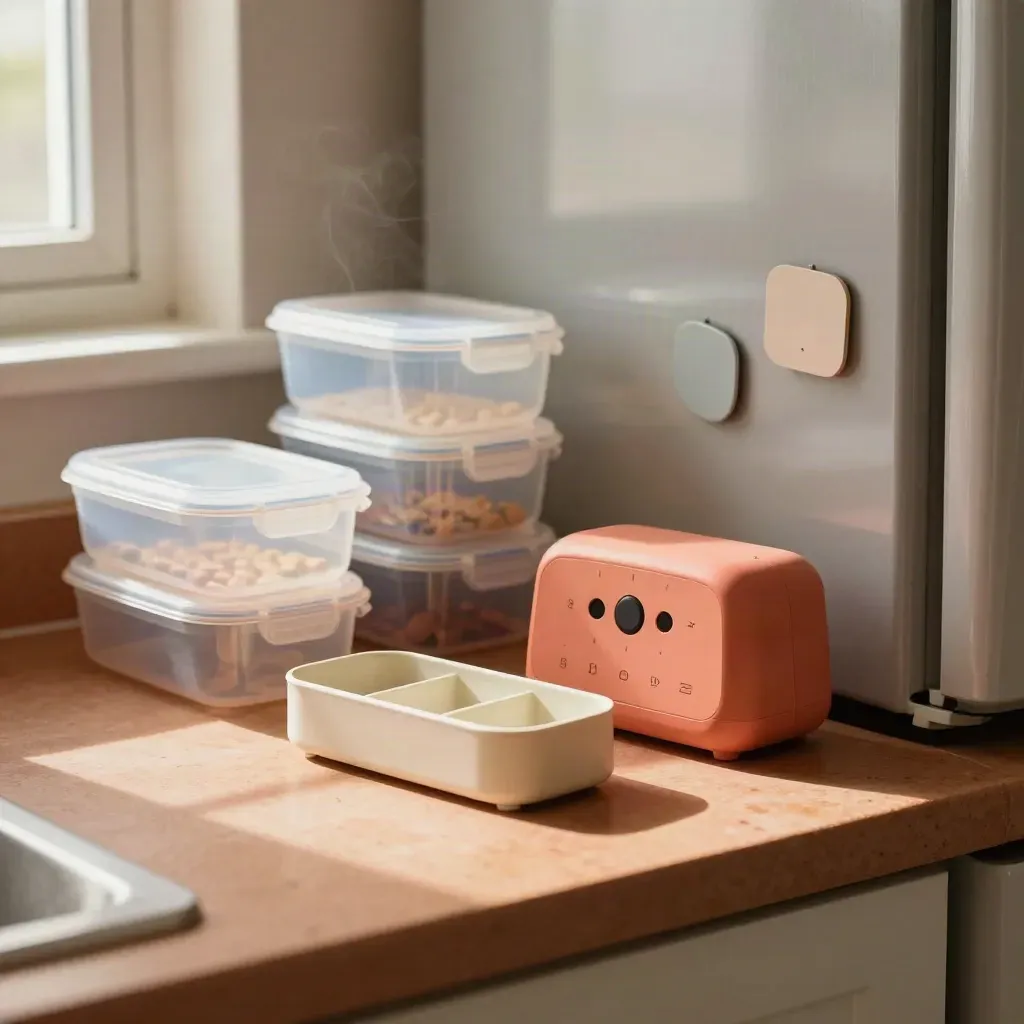 Meal-prep containers, pill caddy, magnets, and a coral timer on a warm kitchen counter.