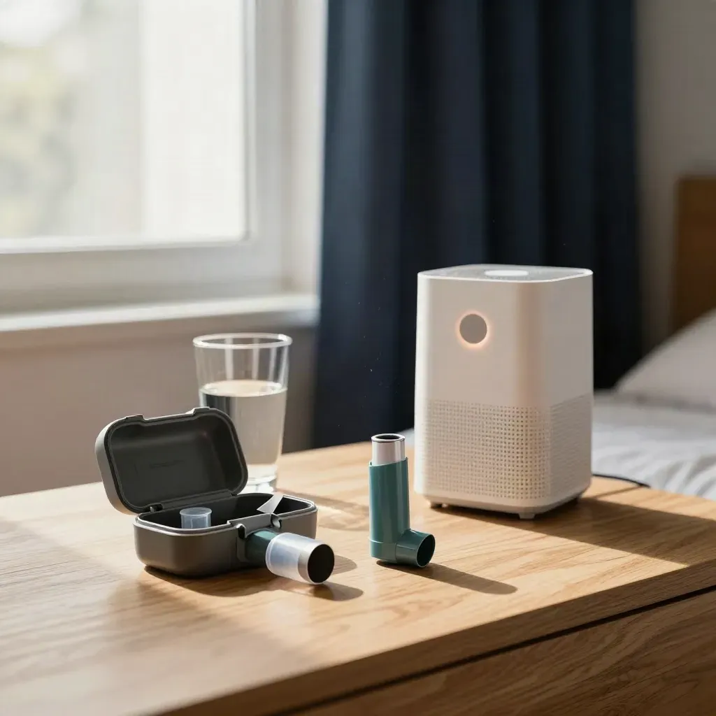 Bedside asthma-ready room with inhaler case, spacer, water glass, purifier, and blackout curtains.