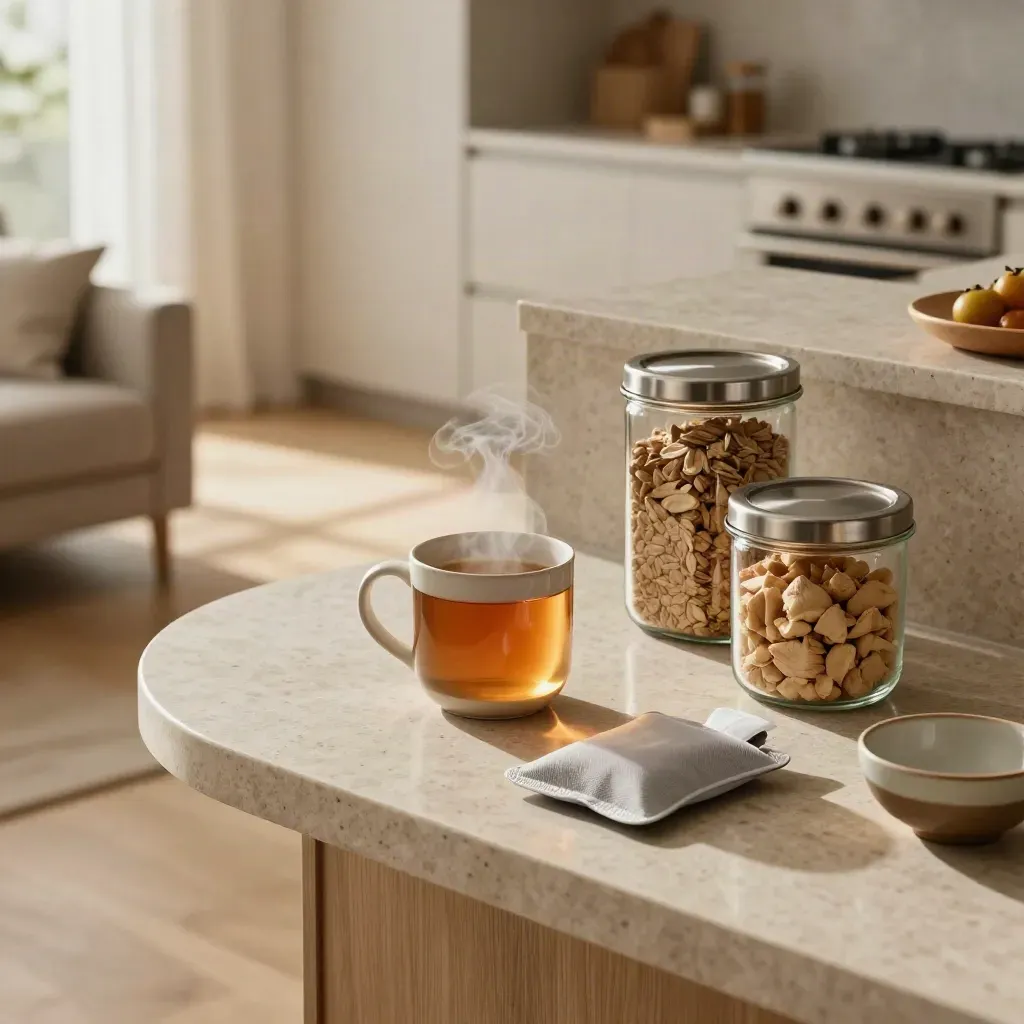 Steaming ginger tea, sealed meal containers, heat pack, and a sage throw in a calm kitchen-living room.