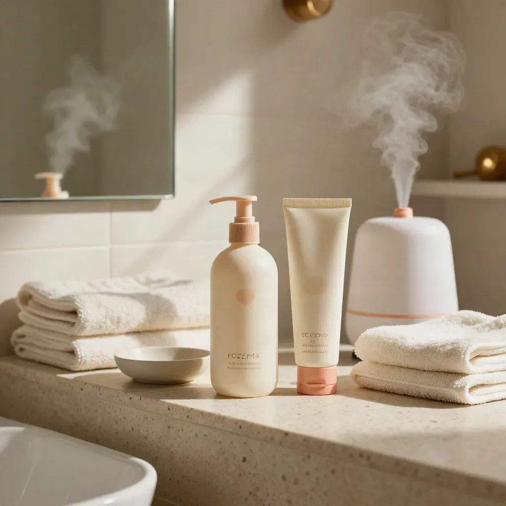 Bathroom shelf with creams, towels, humidifier and ceramic dish in warm morning light.