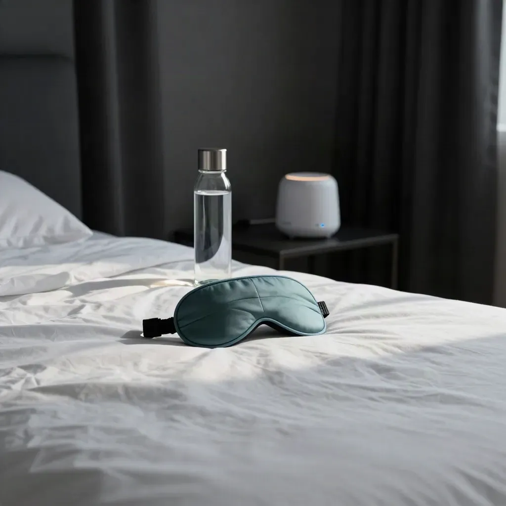 Moody migraine recovery room with eye mask, water bottle, and white-noise machine by blackout curtains.