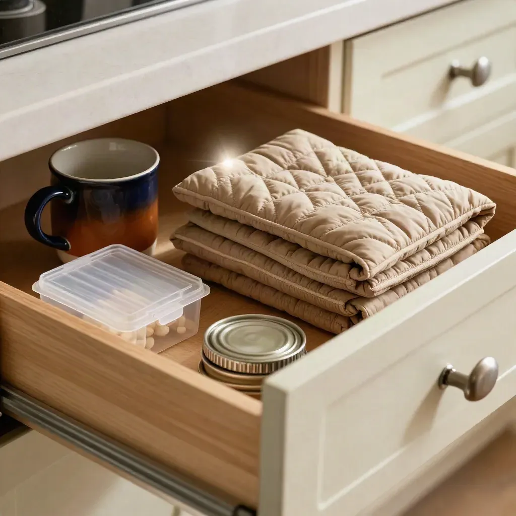 Open kitchen drawer with arthritis support tools: mug, heating pad, pill caddy, and jar lids.