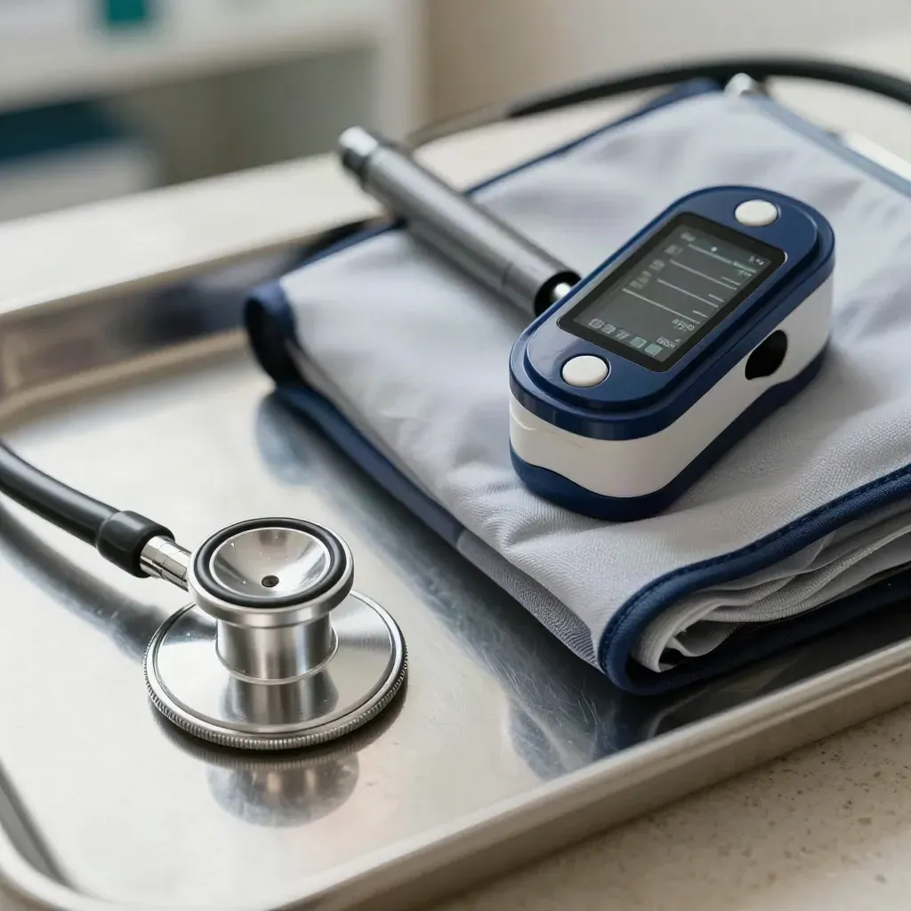Extreme macro of nurse tools on travertine: stethoscope diaphragm, penlight, pulse oximeter, cuff.