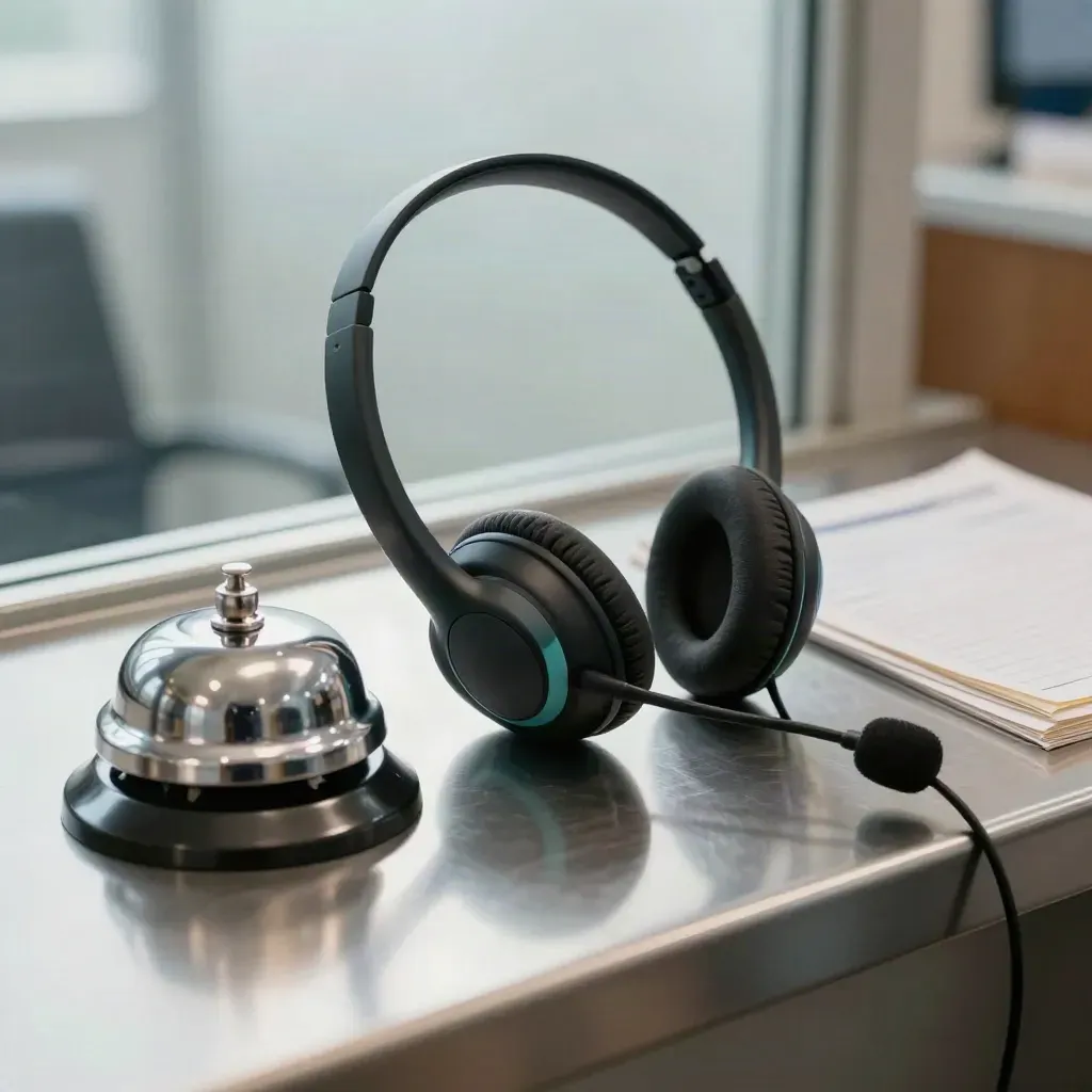 Cordless headset, desk bell, and face-down schedule cards on brushed steel under dramatic light.
