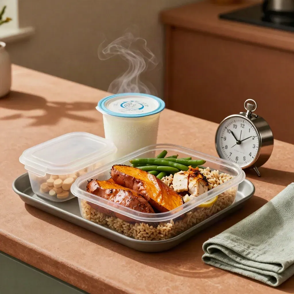 Meal-prep tray with pill caddy, yogurt cup and timer on a warm kitchen counter with steam.
