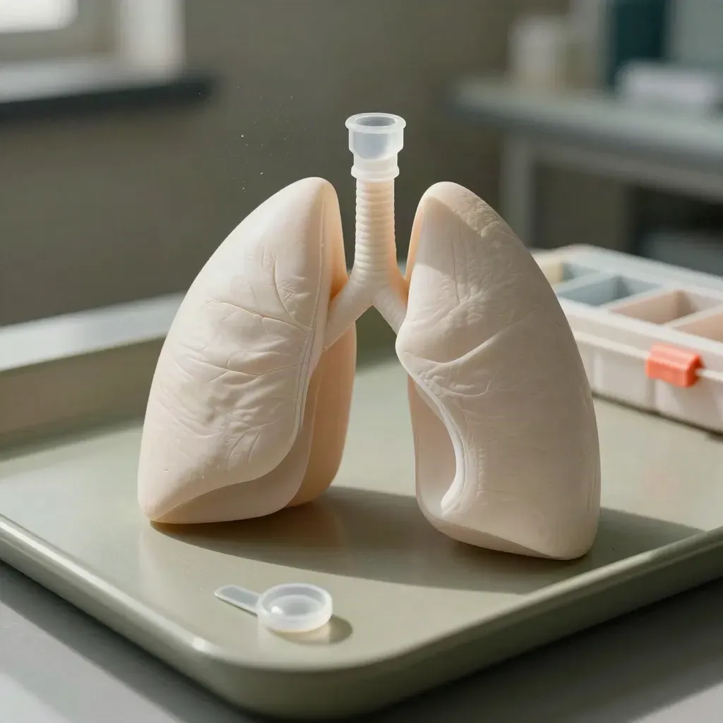 Spacer, lung model, and pill organizer arranged on a clinic teaching tray in close-up