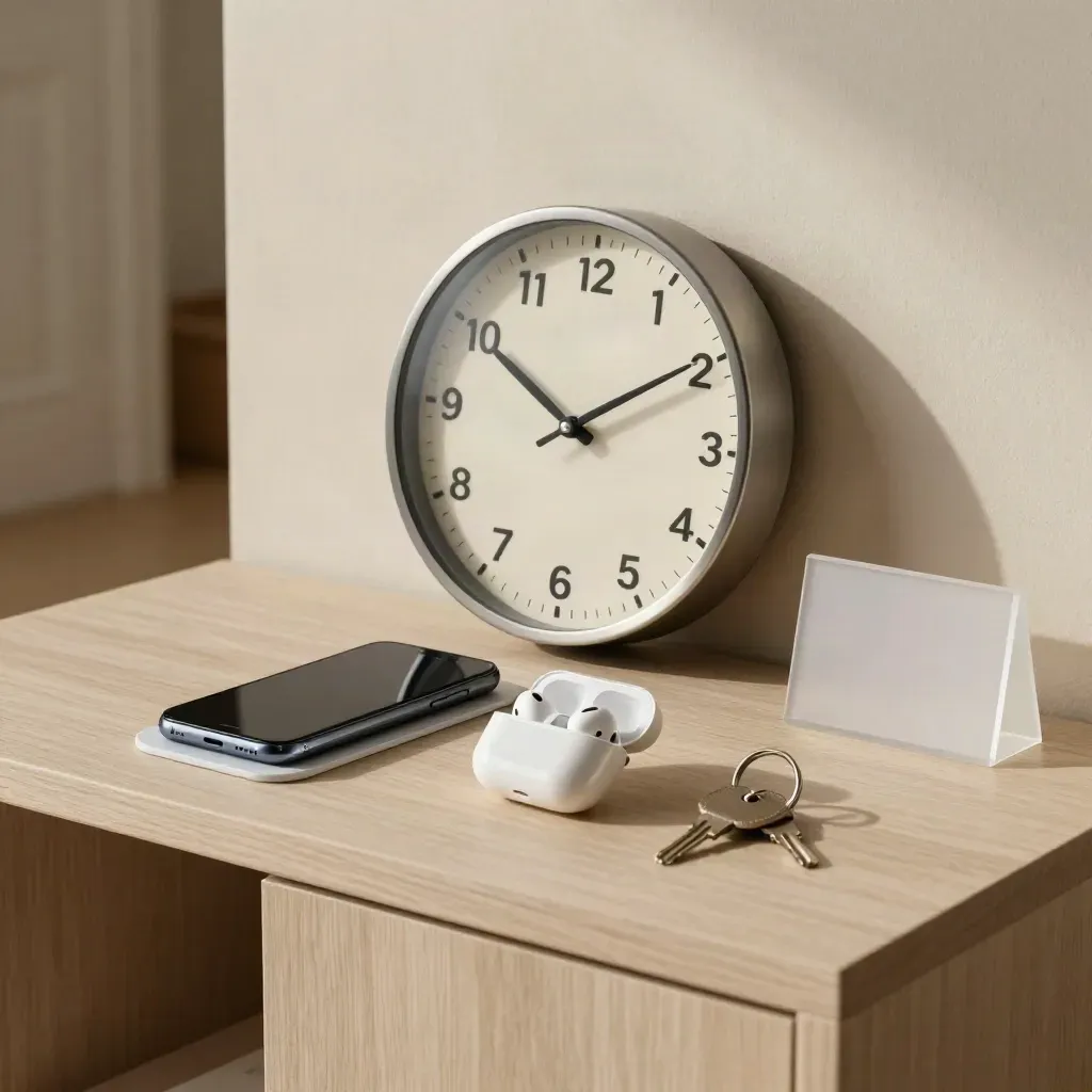 Face-down phone, earbuds, keys and a clock on pale wood in soft morning light