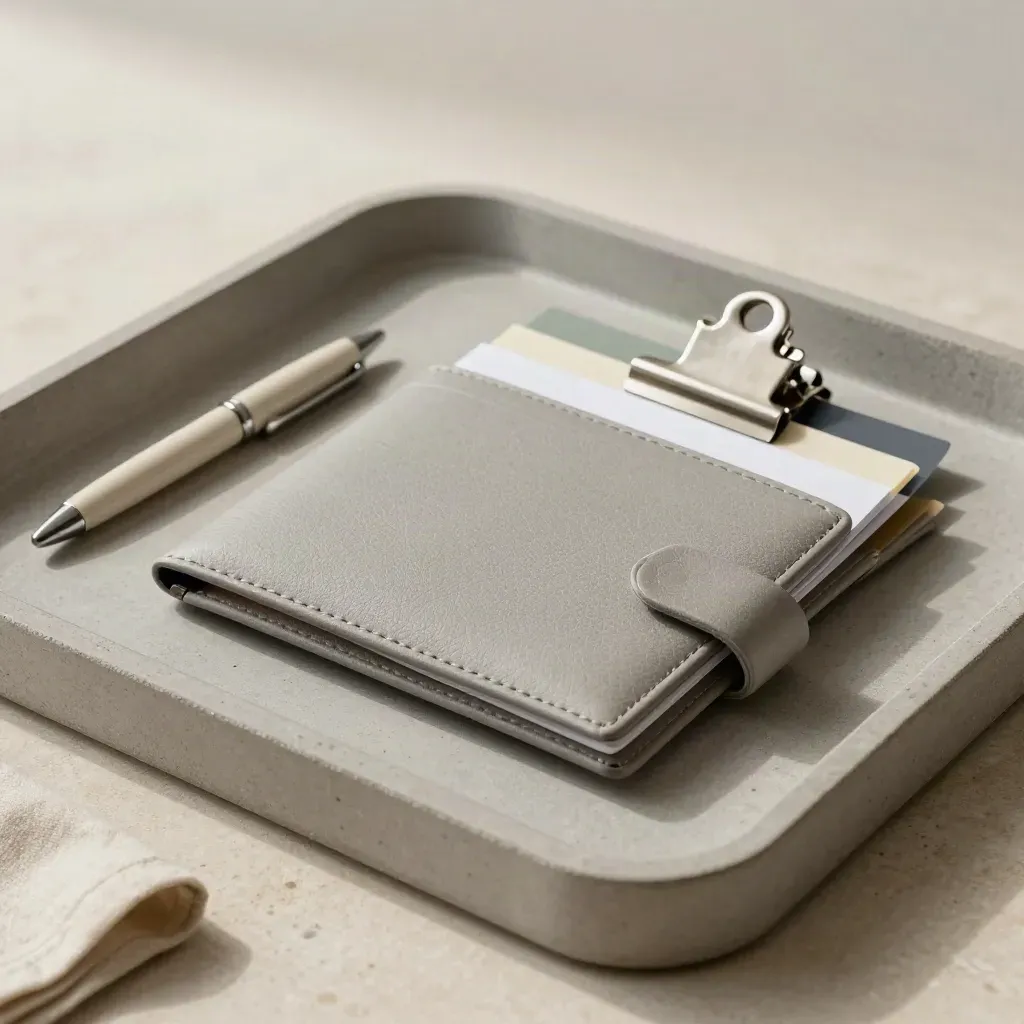 Sealed care-plan wallet with pen, clip and muted tabs on a stone tray in soft daylight