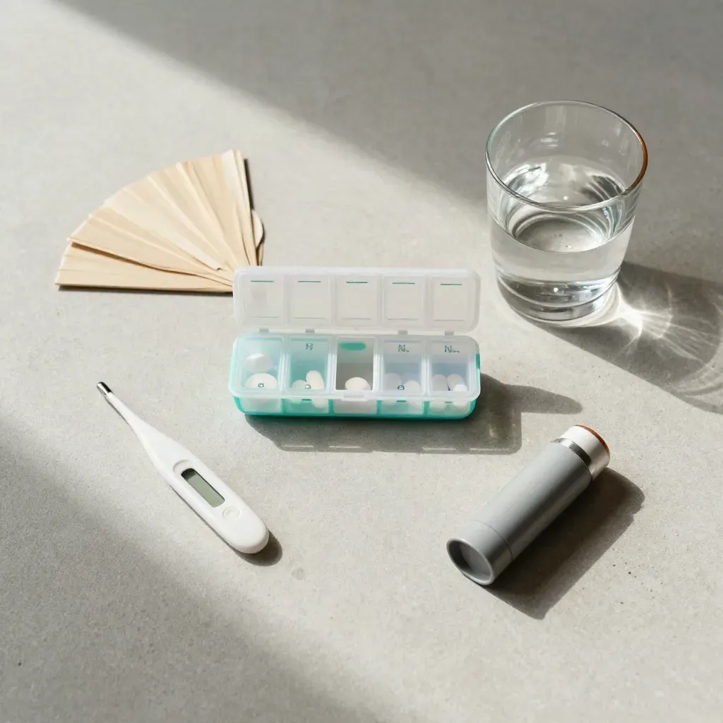 Overhead still-life with pill organizer, thermometer, inhaler case, and water glass on concrete.