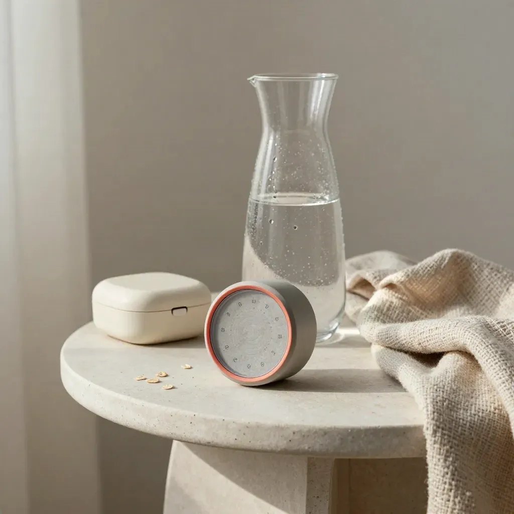 Timer, carafe, pill sorter and folded blanket on a pale side table in soft side light.