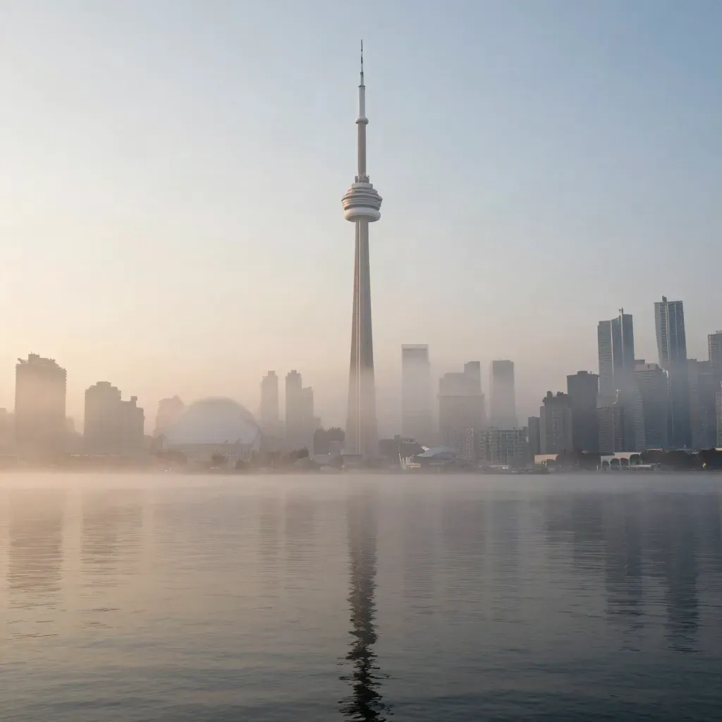 Toronto skyline and CN Tower over misty lake at dawn, calm lower copy space