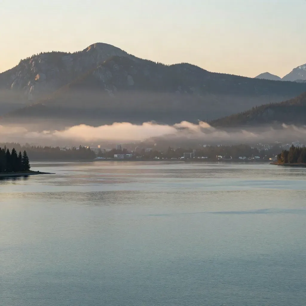 Sunrise over Vancouver harbour with North Shore mountains and misty open water.