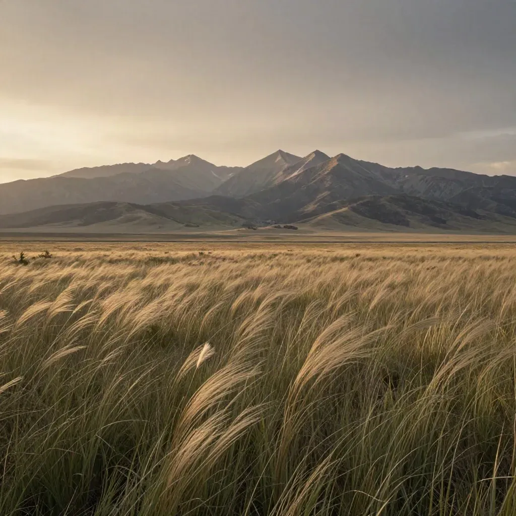 Prairie grass and the Rockies at golden hour above a calm Alberta landscape