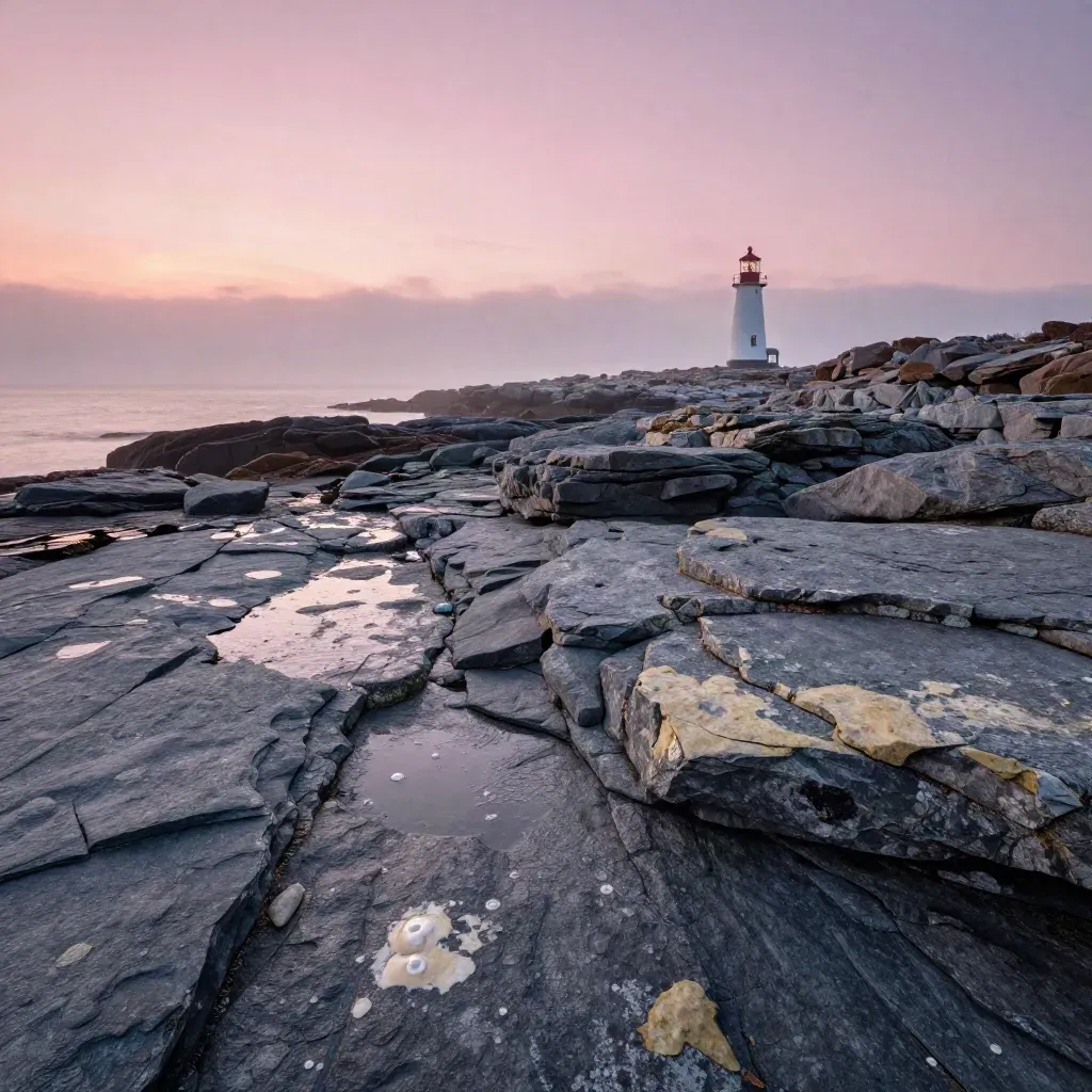 Pink dawn over a rocky Atlantic Canada shoreline with a distant lighthouse and wet stone.