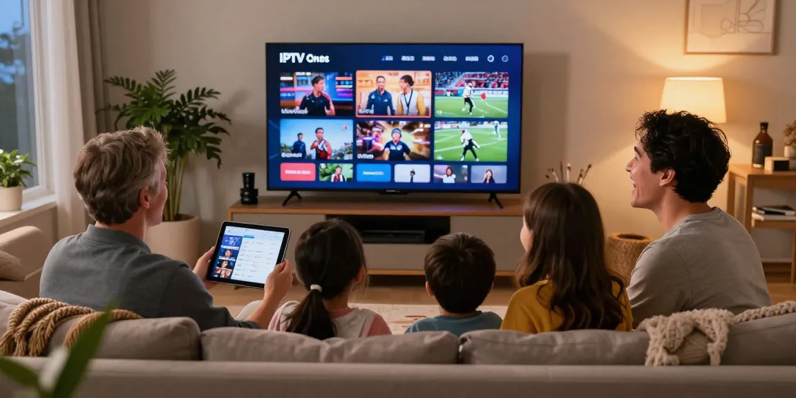 Enjoying IPTV Quebec: Family bonding over local channels in cozy living room.