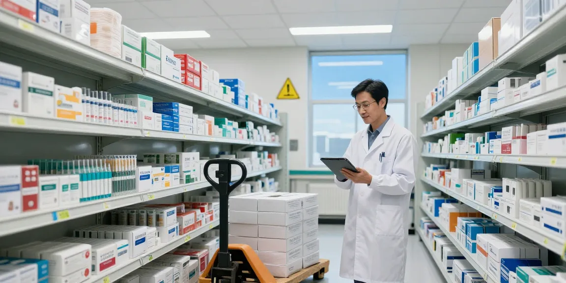 Health care supplies organized in a medical warehouse, employee ensuring efficient logistics.
