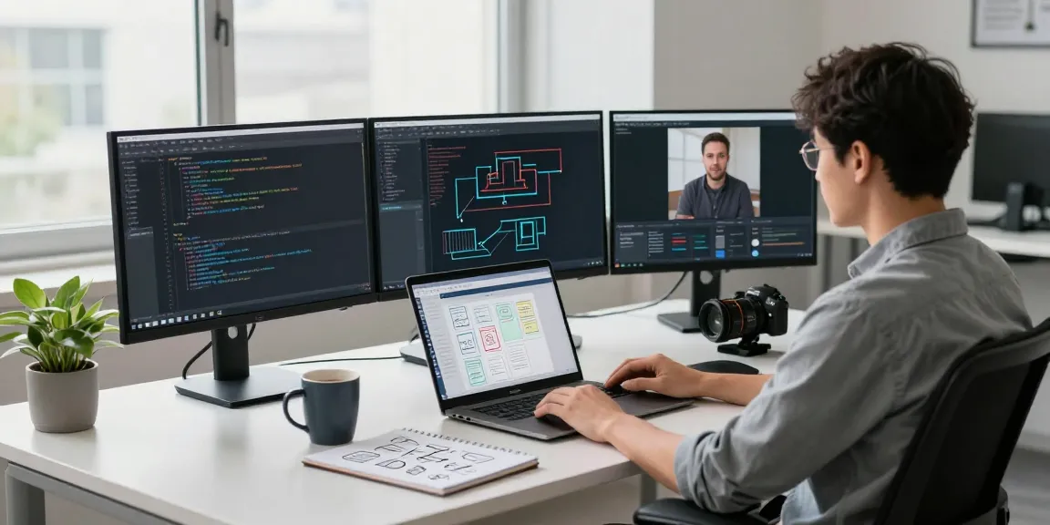 Developer at modern desk coding and collaborating for WPS Official Website project.