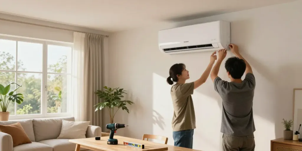 Ductless ac installation in a modern living room with tools and natural light.